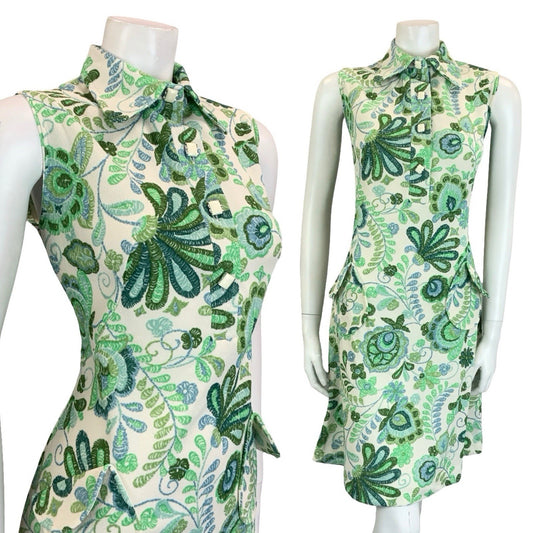 VTG 60S 70S GREEN CREAM PSYCHEDELIC LEAFY DOG EAR COLLAR SHIFT SHIRT DRESS 14