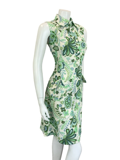 VTG 60S 70S GREEN CREAM PSYCHEDELIC LEAFY DOG EAR COLLAR SHIFT SHIRT DRESS 14
