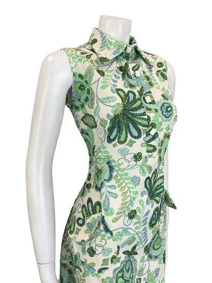 VTG 60S 70S GREEN CREAM PSYCHEDELIC LEAFY DOG EAR COLLAR SHIFT SHIRT DRESS 14