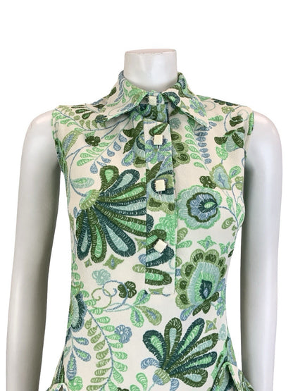 VTG 60S 70S GREEN CREAM PSYCHEDELIC LEAFY DOG EAR COLLAR SHIFT SHIRT DRESS 14