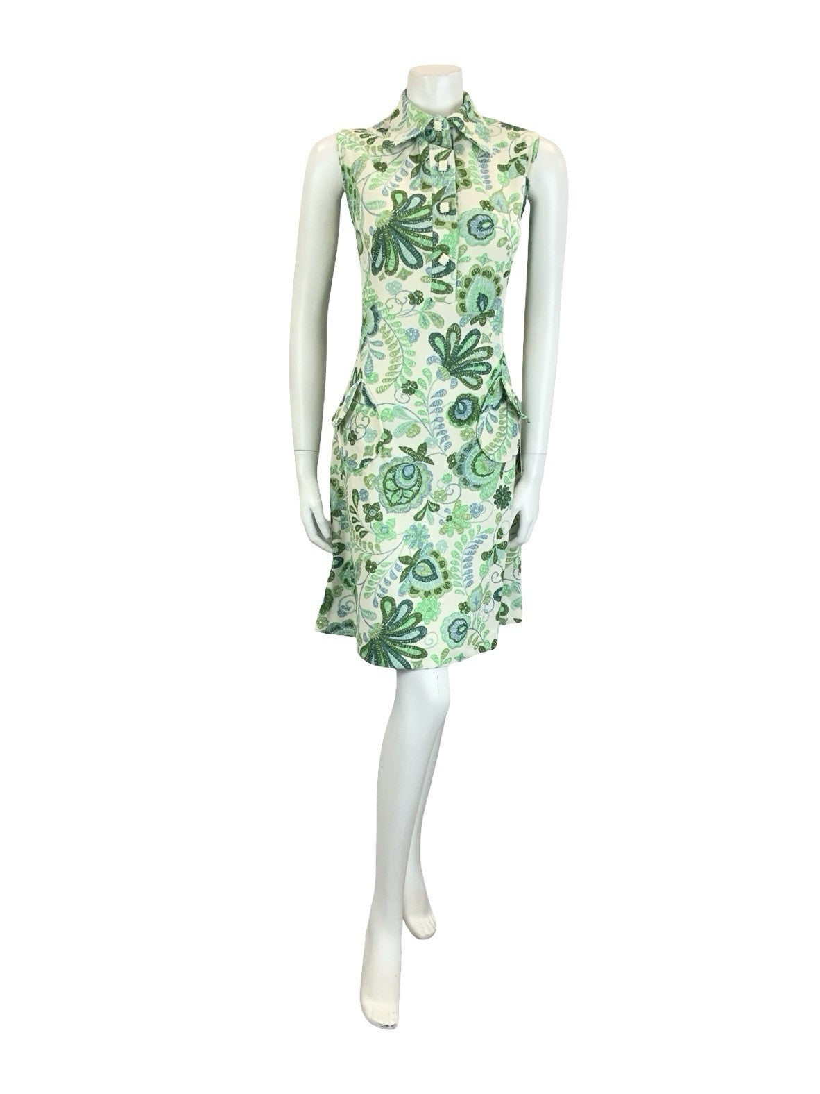VTG 60S 70S GREEN CREAM PSYCHEDELIC LEAFY DOG EAR COLLAR SHIFT SHIRT DRESS 14