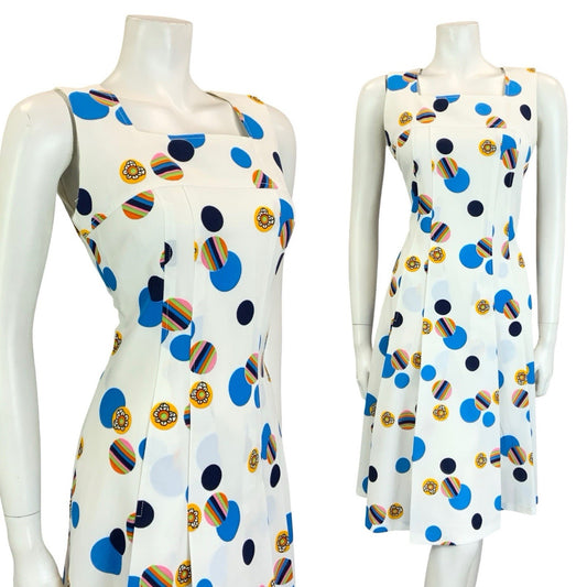 VTG 60S 70S WHITE BLUE YELLOW GEOMETRIC DOTTY PLEATED SQUARE NECK DRESS 12