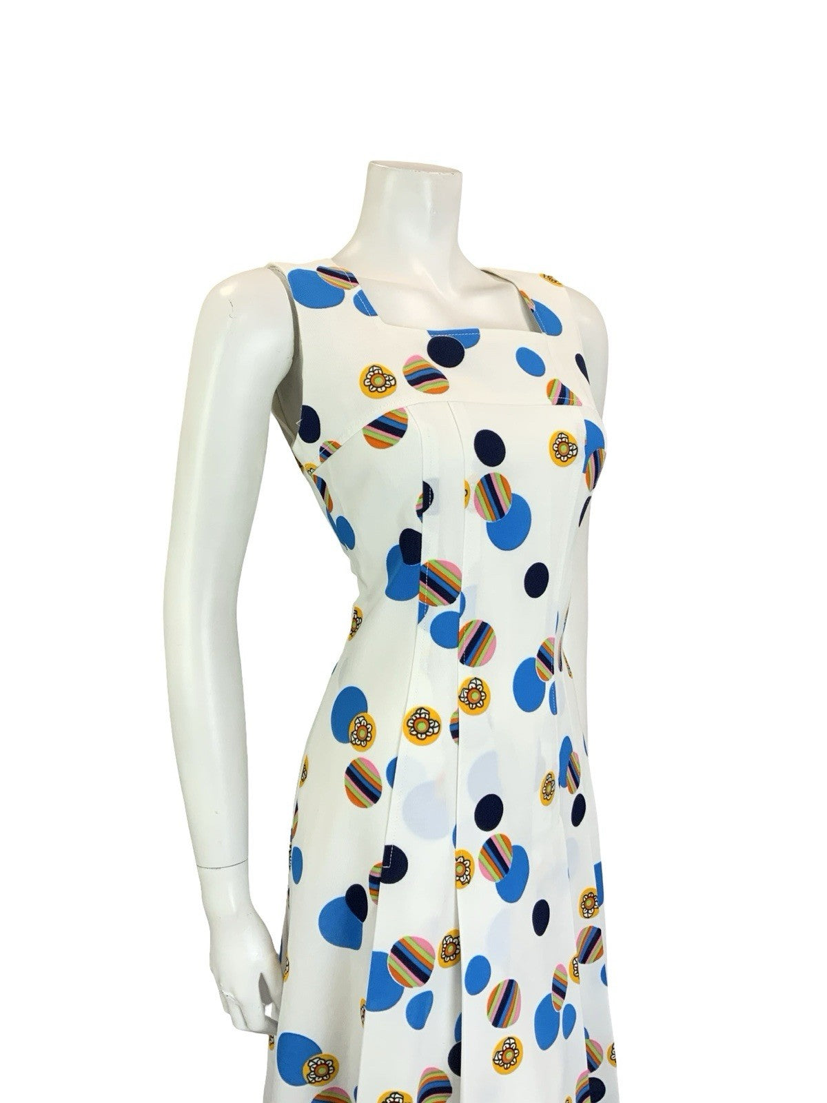 VTG 60S 70S WHITE BLUE YELLOW GEOMETRIC DOTTY PLEATED SQUARE NECK DRESS 12