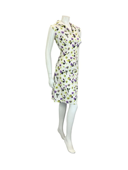 VTG 60S 70S WHITE BLUE YELLOW GEOMETRIC DOTTY PLEATED SQUARE NECK DRESS 12