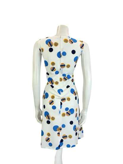 VTG 60S 70S WHITE BLUE YELLOW GEOMETRIC DOTTY PLEATED SQUARE NECK DRESS 12