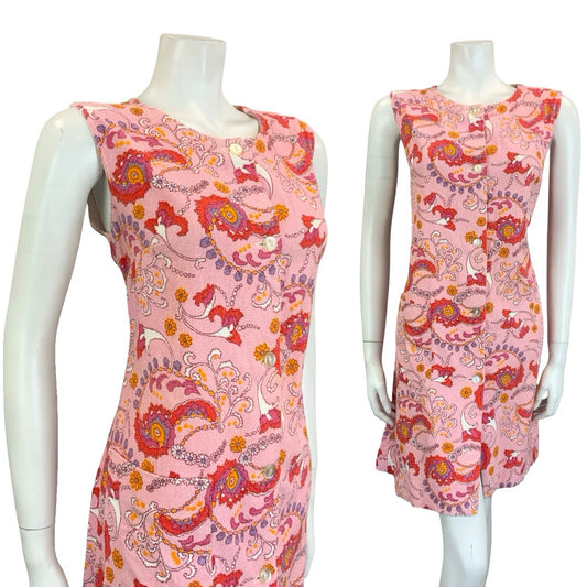 VTG 60S 70S PINK PURPE WHITE ORANGE PSYCHEDELIC SWIRL TOWEL SHIFT DRESS 12