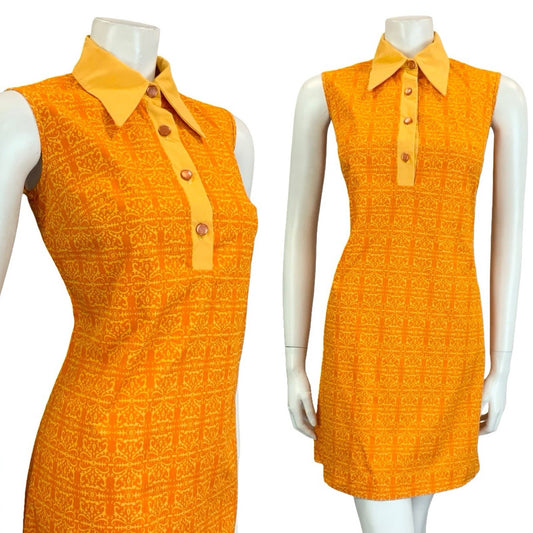 VTG 60S 70S ORANGE PEACH PSYCHEDELIC COTTON DAGGER SLEEVELESS MOD SHIRT DRESS 10