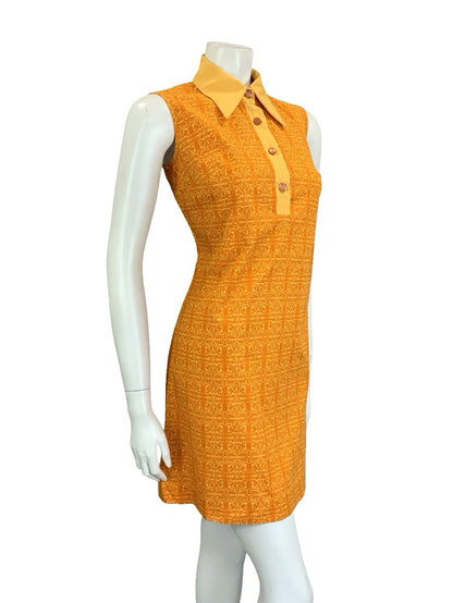 VTG 60S 70S ORANGE PEACH PSYCHEDELIC COTTON DAGGER SLEEVELESS MOD SHIRT DRESS 10