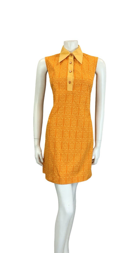 VTG 60S 70S ORANGE PEACH PSYCHEDELIC COTTON DAGGER SLEEVELESS MOD SHIRT DRESS 10