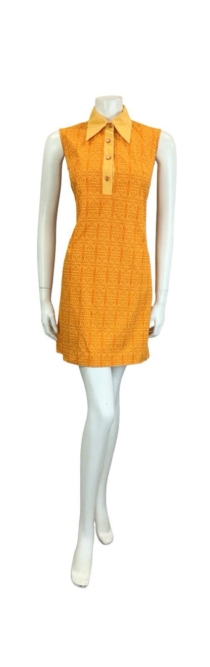 VTG 60S 70S ORANGE PEACH PSYCHEDELIC COTTON DAGGER SLEEVELESS MOD SHIRT DRESS 10