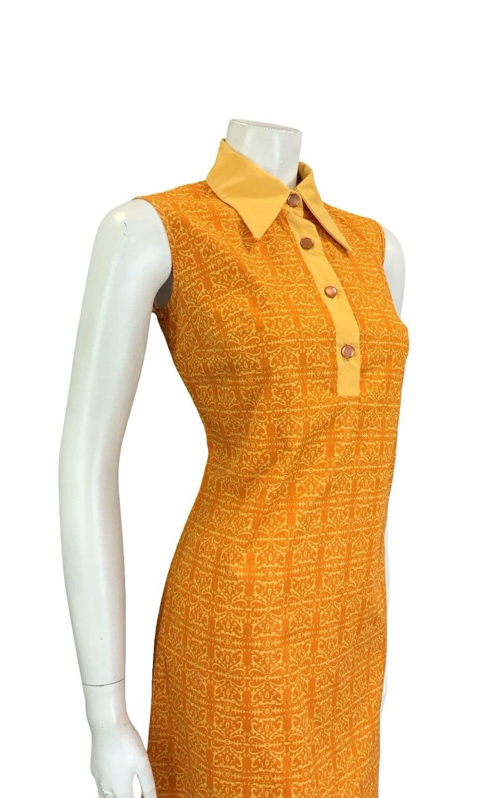 VTG 60S 70S ORANGE PEACH PSYCHEDELIC COTTON DAGGER SLEEVELESS MOD SHIRT DRESS 10