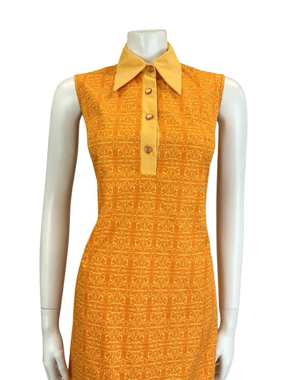 VTG 60S 70S ORANGE PEACH PSYCHEDELIC COTTON DAGGER SLEEVELESS MOD SHIRT DRESS 10