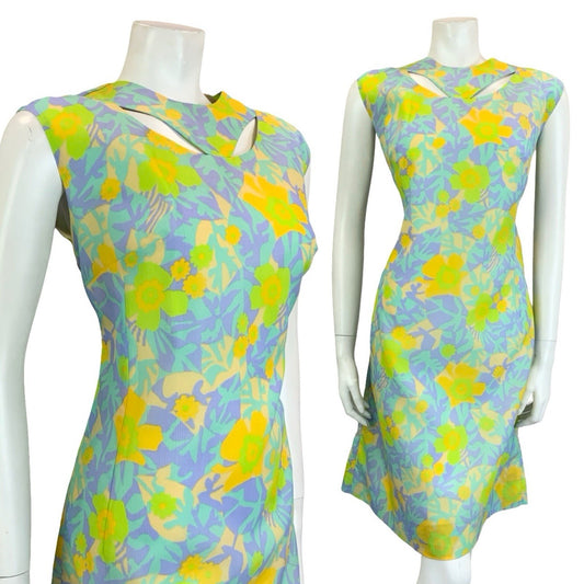 VTG 60S PSYCHEDELIC GREEN YELLOW PURPLE FLORAL LEAF CUT OUT SHIFT DRESS 14 16