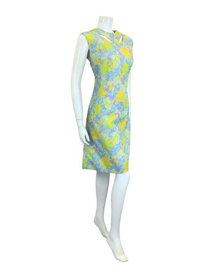 VTG 60S PSYCHEDELIC GREEN YELLOW PURPLE FLORAL LEAF CUT OUT SHIFT DRESS 14 16