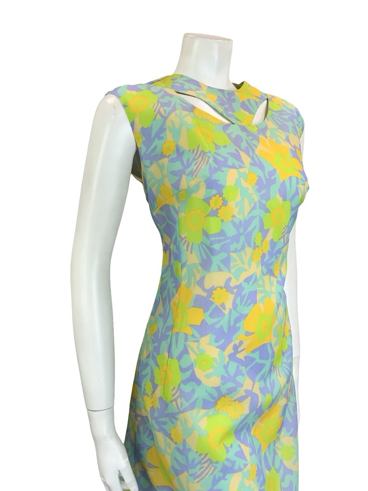 VTG 60S PSYCHEDELIC GREEN YELLOW PURPLE FLORAL LEAF CUT OUT SHIFT DRESS 14 16