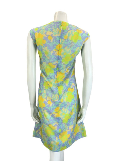 VTG 60S PSYCHEDELIC GREEN YELLOW PURPLE FLORAL LEAF CUT OUT SHIFT DRESS 14 16