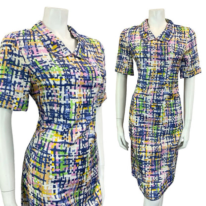 VTG 60S 70S BLUE WHITE PINK YELLOW GREEN GEOMETRIC CROSS HATCH SHIRT DRESS 10