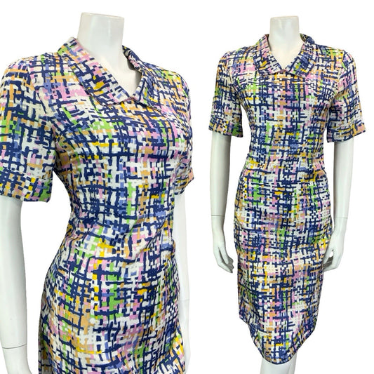 VTG 60S 70S BLUE WHITE PINK YELLOW GREEN GEOMETRIC CROSS HATCH SHIRT DRESS 10