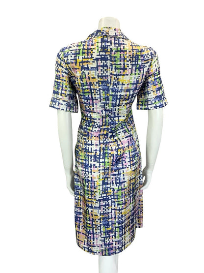 VTG 60S 70S BLUE WHITE PINK YELLOW GREEN GEOMETRIC CROSS HATCH SHIRT DRESS 10