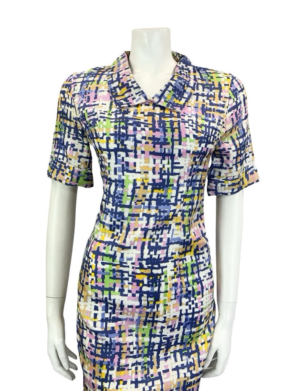 VTG 60S 70S BLUE WHITE PINK YELLOW GREEN GEOMETRIC CROSS HATCH SHIRT DRESS 10