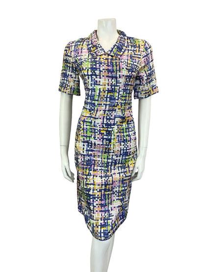 VTG 60S 70S BLUE WHITE PINK YELLOW GREEN GEOMETRIC CROSS HATCH SHIRT DRESS 10