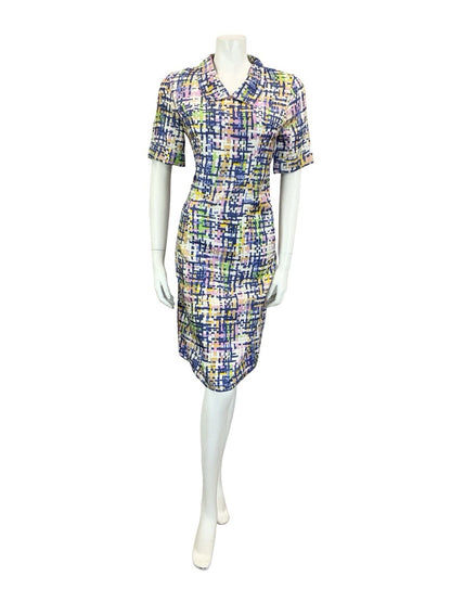 VTG 60S 70S BLUE WHITE PINK YELLOW GREEN GEOMETRIC CROSS HATCH SHIRT DRESS 10