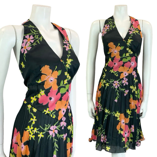 VTG 70S VERA MONT BLACK PINK ORANGE GREEN FLORAL PLEATED HALTER NECK DRESS 8 10