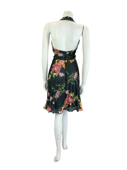 VTG 70S VERA MONT BLACK PINK ORANGE GREEN FLORAL PLEATED HALTER NECK DRESS 8 10