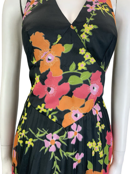 VTG 70S VERA MONT BLACK PINK ORANGE GREEN FLORAL PLEATED HALTER NECK DRESS 8 10