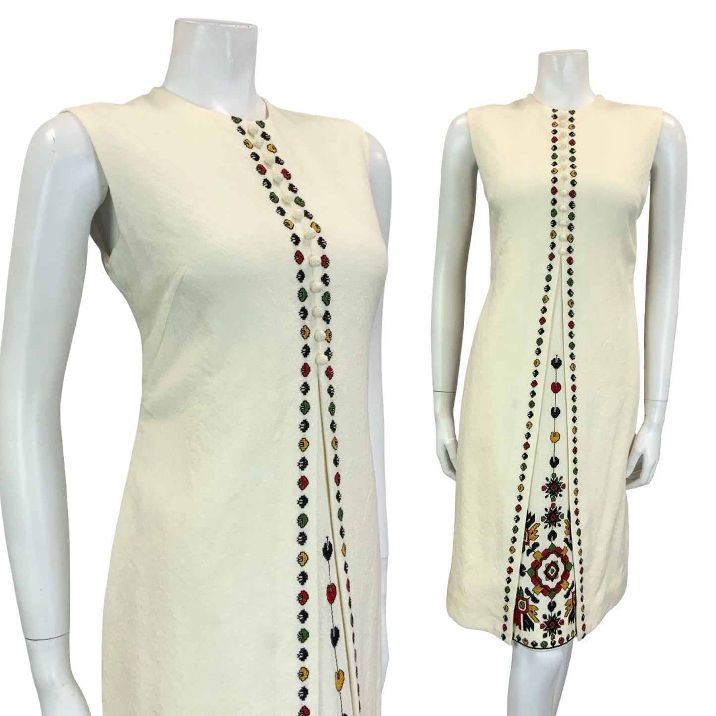 VTG 70S CREAM BLACK RED GREEN NARODNA RADINOST FOLK EMBROIDERED SHIFT DRESS 10