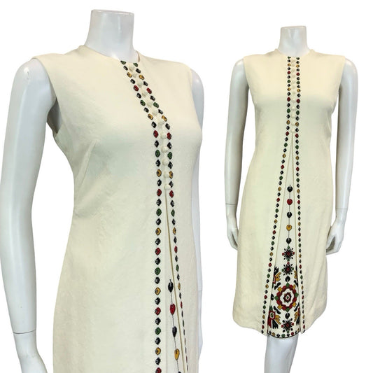 VTG 70S CREAM BLACK RED GREEN NARODNA RADINOST FOLK EMBROIDERED SHIFT DRESS 10