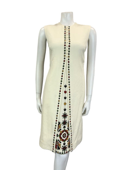 VTG 70S CREAM BLACK RED GREEN NARODNA RADINOST FOLK EMBROIDERED SHIFT DRESS 10