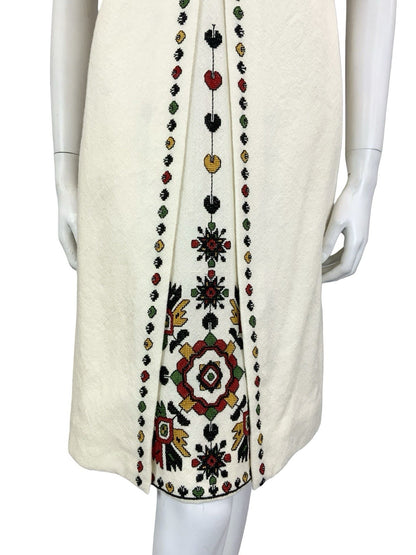 VTG 70S CREAM BLACK RED GREEN NARODNA RADINOST FOLK EMBROIDERED SHIFT DRESS 10