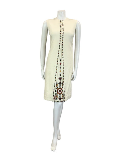 VTG 70S CREAM BLACK RED GREEN NARODNA RADINOST FOLK EMBROIDERED SHIFT DRESS 10