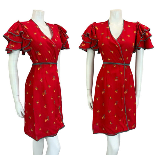 VTG 70S BOHO RED GREEN YELLOW ROSE FLORAL RUFFLE FLAMENCO SLEEVE WRAP DRESS 10