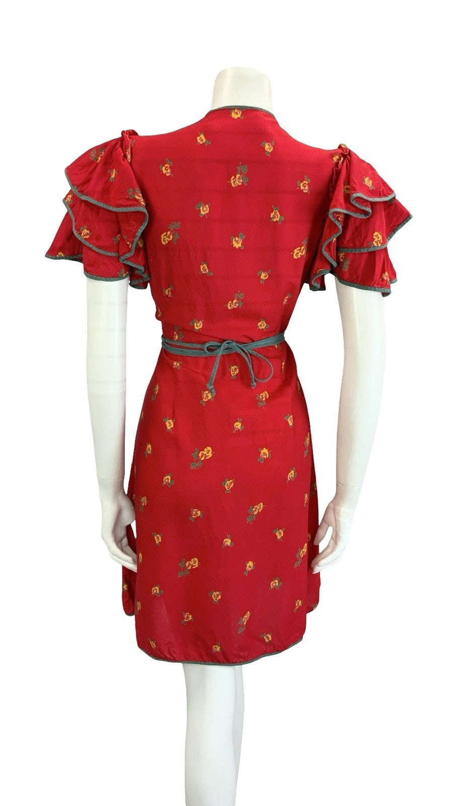 VTG 70S BOHO RED GREEN YELLOW ROSE FLORAL RUFFLE FLAMENCO SLEEVE WRAP DRESS 10