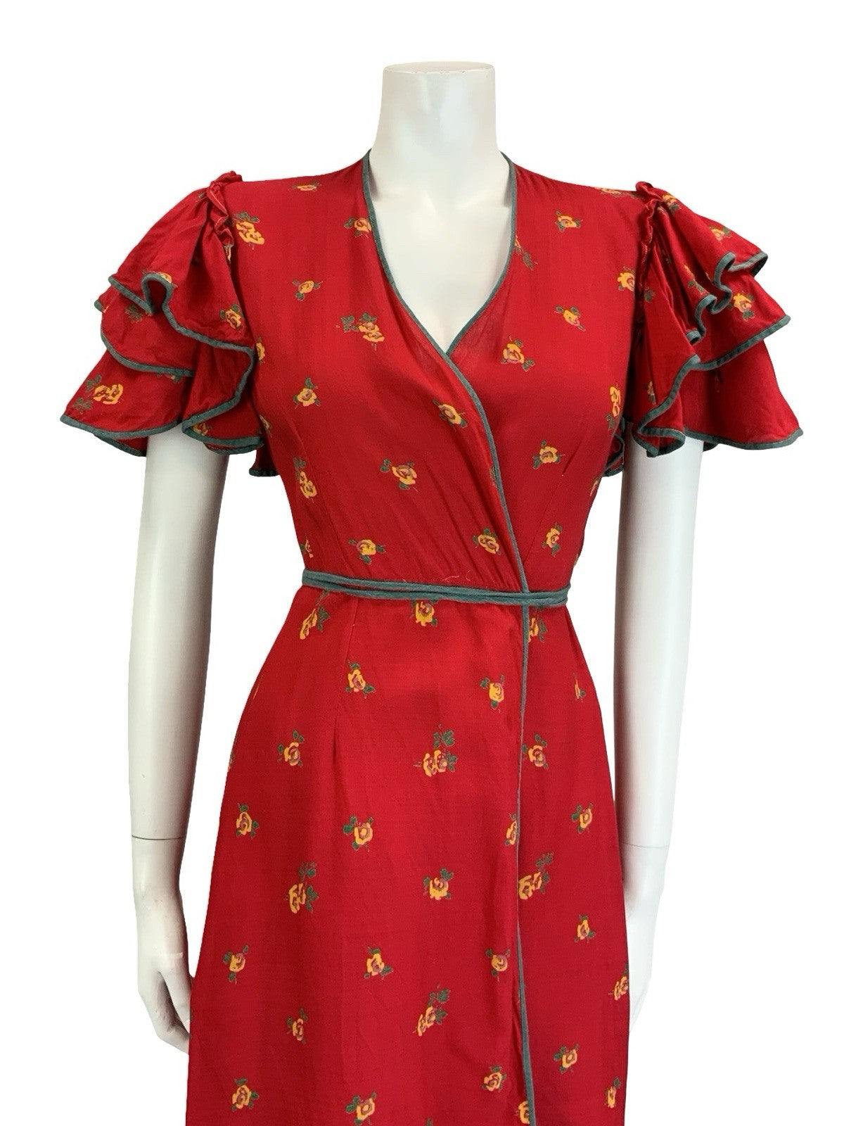 VTG 70S BOHO RED GREEN YELLOW ROSE FLORAL RUFFLE FLAMENCO SLEEVE WRAP DRESS 10