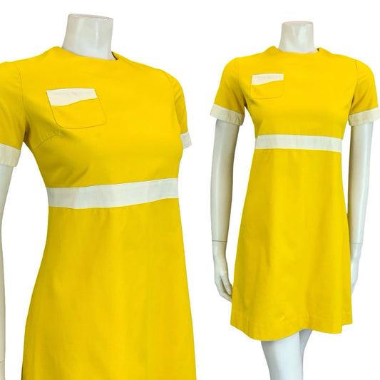 VTG 60S SCOOTER MOD YELLOW WHITE BLOCK COLOUR EMPIRE SHIFT MINI DRESS 10
