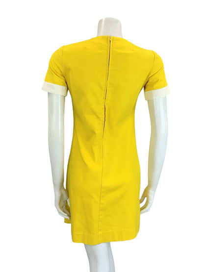 VTG 60S SCOOTER MOD YELLOW WHITE BLOCK COLOUR EMPIRE SHIFT MINI DRESS 10