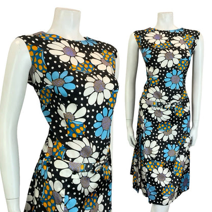 VTG 60S BLACK BLUE WHITE YELLOW POLKA DOT FLORAL DROPPED WAIST SHIFT DRESS 16