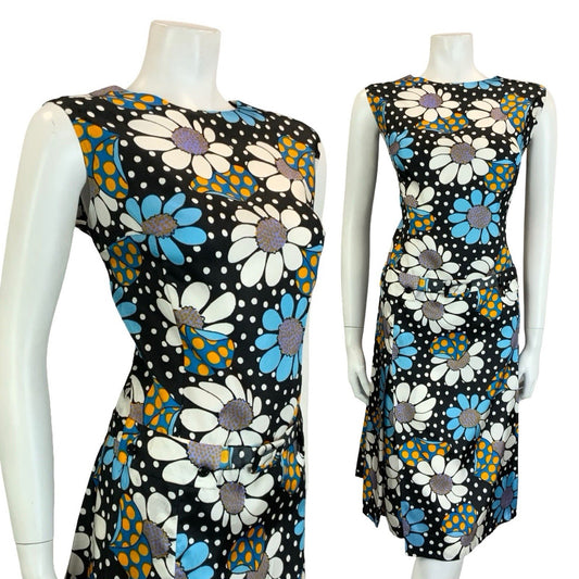 VTG 60S BLACK BLUE WHITE YELLOW POLKA DOT FLORAL DROPPED WAIST SHIFT DRESS 16