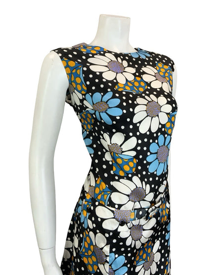 VTG 60S BLACK BLUE WHITE YELLOW POLKA DOT FLORAL DROPPED WAIST SHIFT DRESS 16