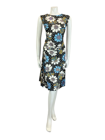 VTG 60S BLACK BLUE WHITE YELLOW POLKA DOT FLORAL DROPPED WAIST SHIFT DRESS 16