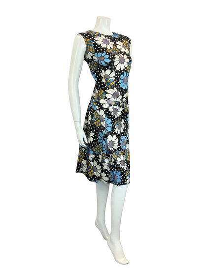 VTG 60S BLACK BLUE WHITE YELLOW POLKA DOT FLORAL DROPPED WAIST SHIFT DRESS 16