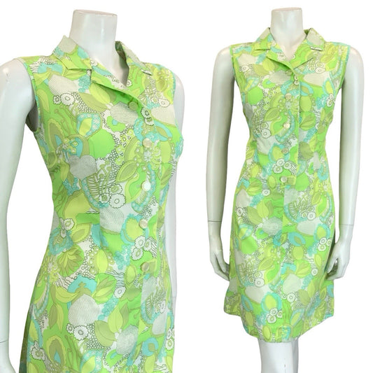 VTG 60S 70S PSYCHEDELIC FLORAL LEAFY GREEN WHITE MOD SHIFT DRESS 10