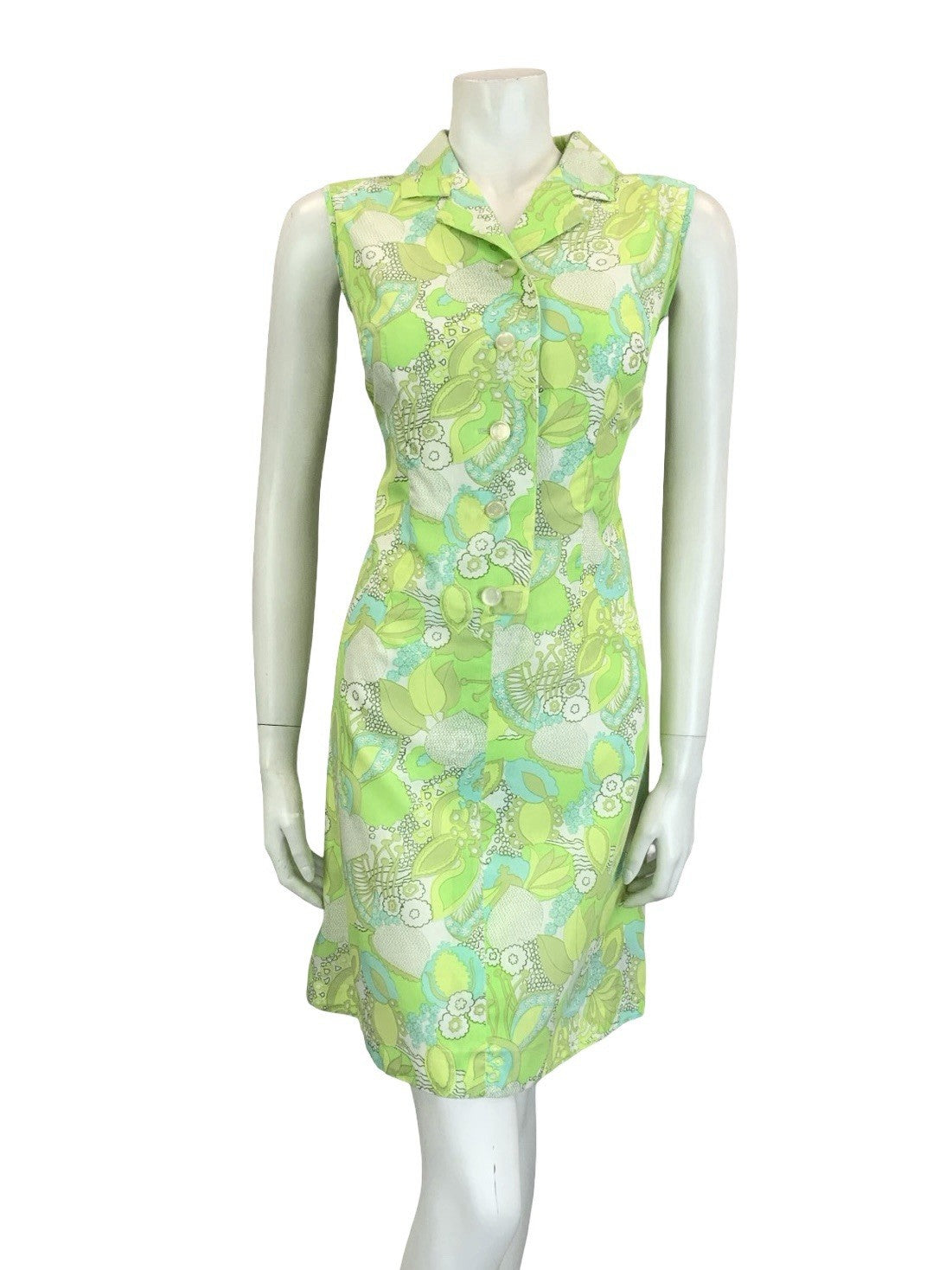 VTG 60S 70S PSYCHEDELIC FLORAL LEAFY GREEN WHITE MOD SHIFT DRESS 10