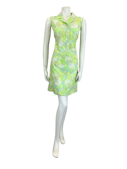 VTG 60S 70S PSYCHEDELIC FLORAL LEAFY GREEN WHITE MOD SHIFT DRESS 10