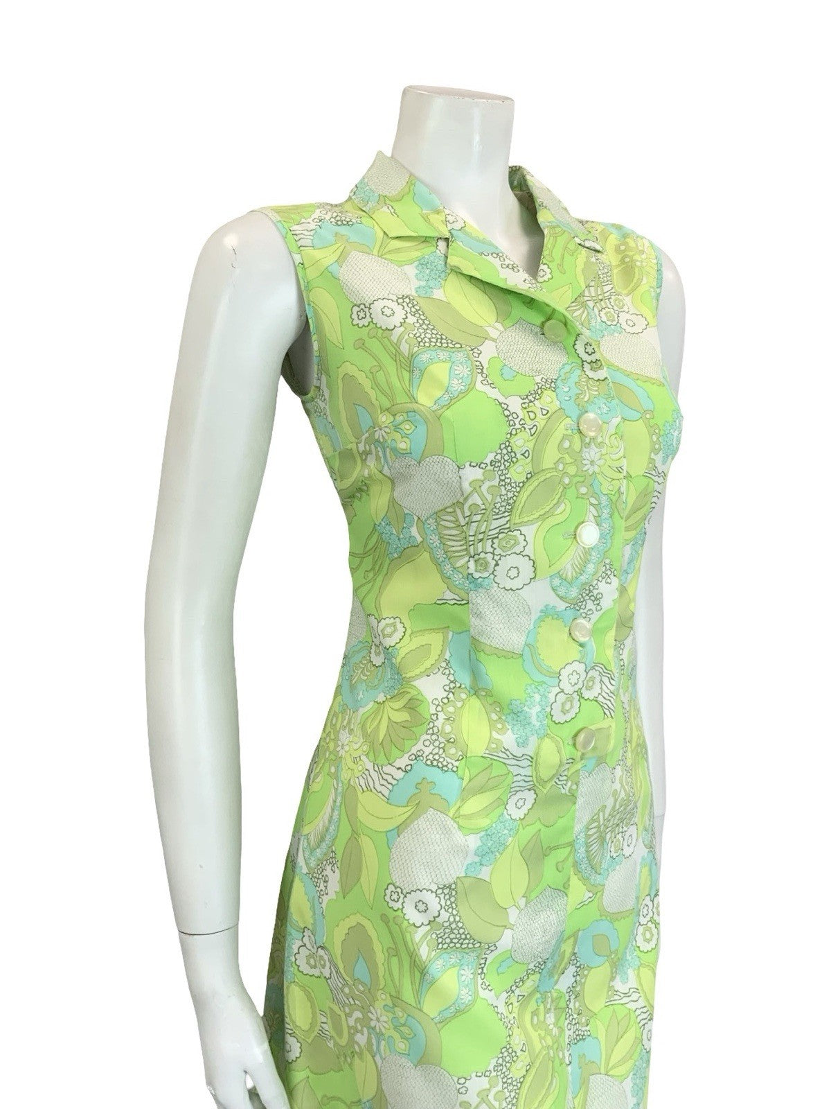 VTG 60S 70S PSYCHEDELIC FLORAL LEAFY GREEN WHITE MOD SHIFT DRESS 10