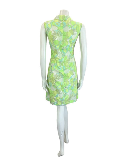 VTG 60S 70S PSYCHEDELIC FLORAL LEAFY GREEN WHITE MOD SHIFT DRESS 10