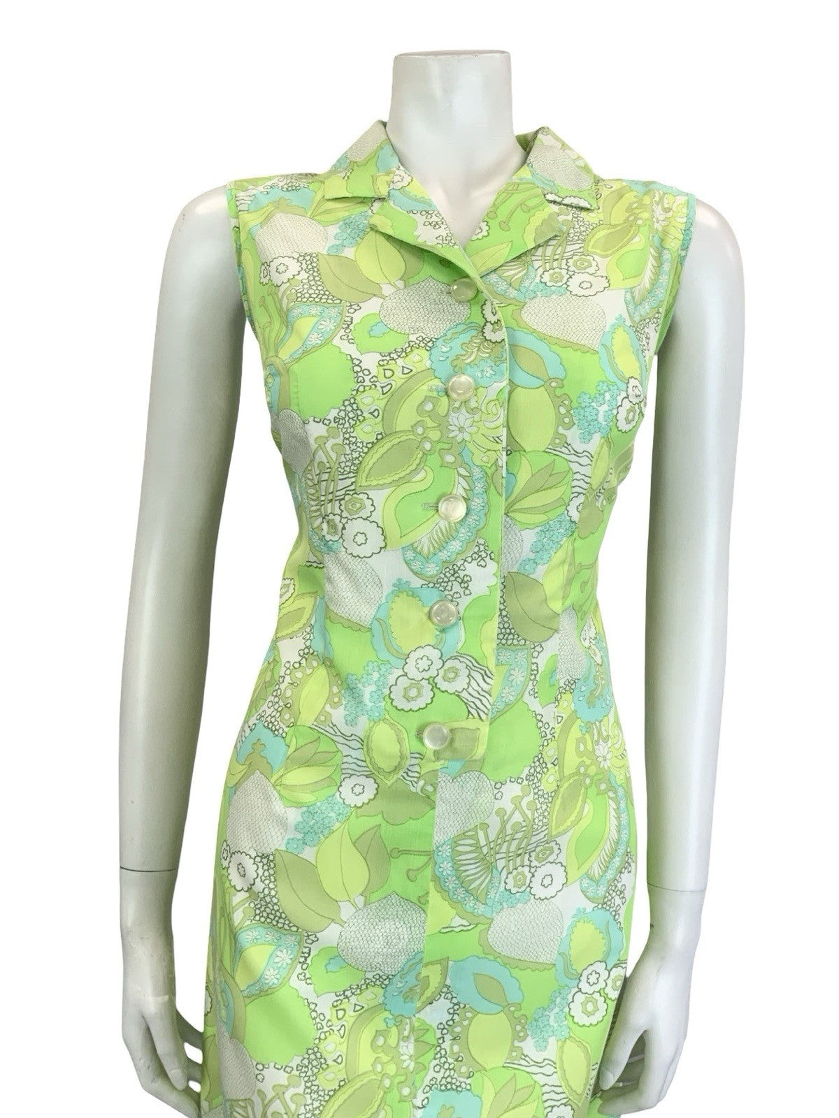 VTG 60S 70S PSYCHEDELIC FLORAL LEAFY GREEN WHITE MOD SHIFT DRESS 10